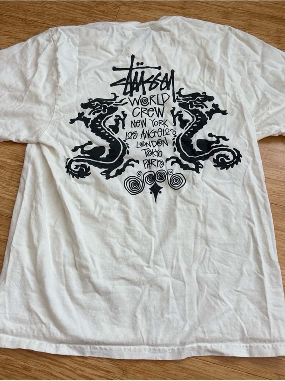 Stussy White T-Shirt with Black Logo Dragon